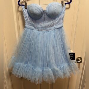 Lulus Lovely Flirtation Light Blue Tulle Strapless Bustier Mini Dress size L